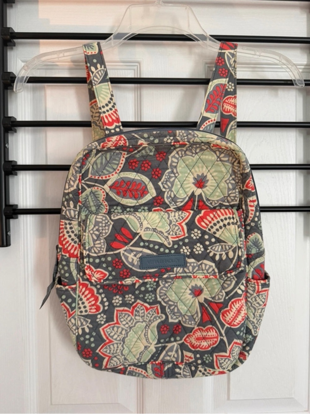 Vera Bradley Quilted Floral Backpack in Gray, Red & Green